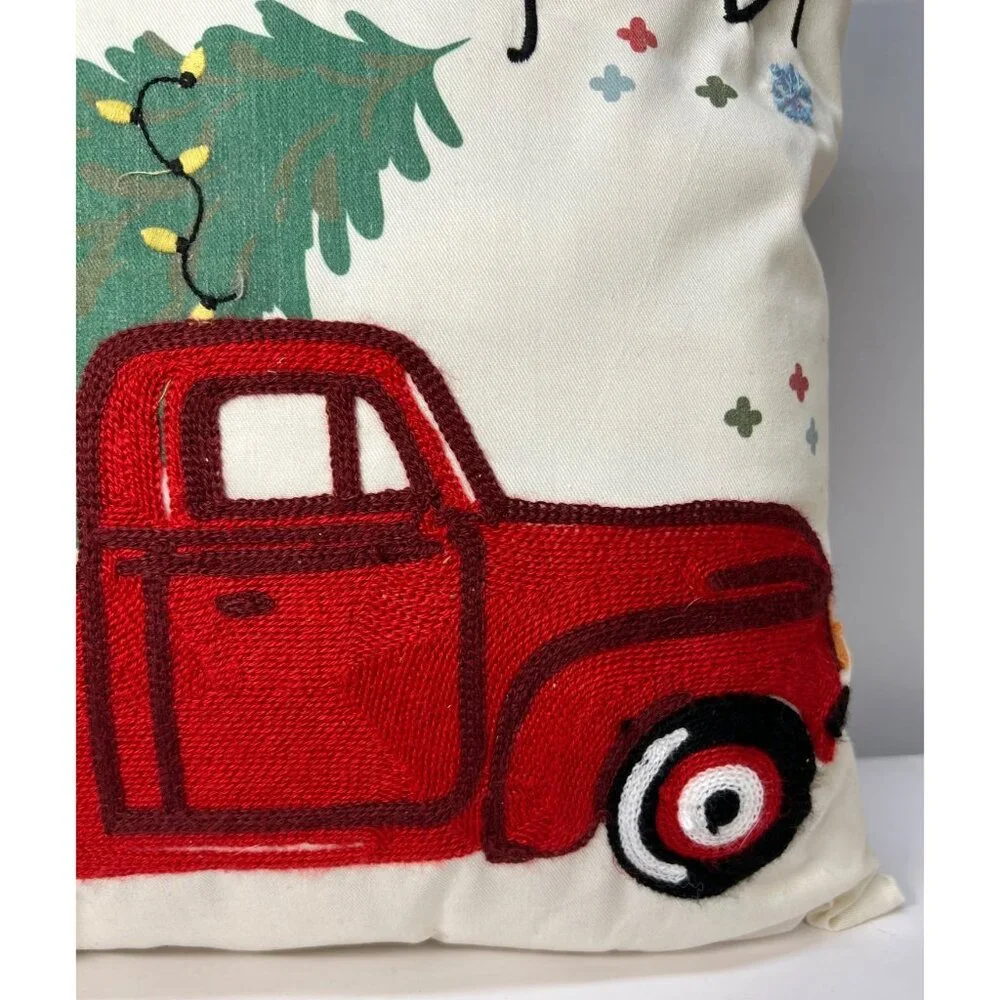 Christmas Pillow With Red Truck & Holiday Gifts  17'' x 17